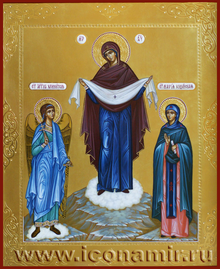 Икона Покров Пресвятой Богородицы, св. ангел хранитель и святая Мария Хиданская фото, купить, описание